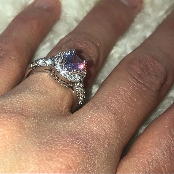 SILVER Tone Simulated Amethyst Halo Ring w Filigree Setting Sturdy Costume s7 - Picture 5 of 6
